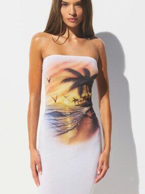 Skims Cotton Cover-Ups Tube Dress Strapless Airbrush Beach Scene S